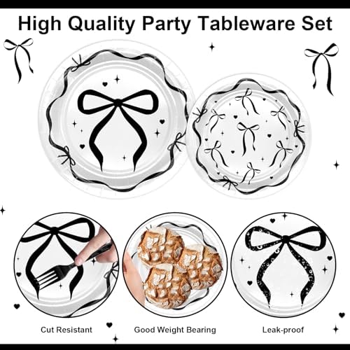 Avezano 96pcs Black Bow Plates and Napkins Set Serve 24