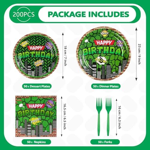 200Pcs Green Cartoon Turtle Party Plates and Napkins Set for Kids Teens
