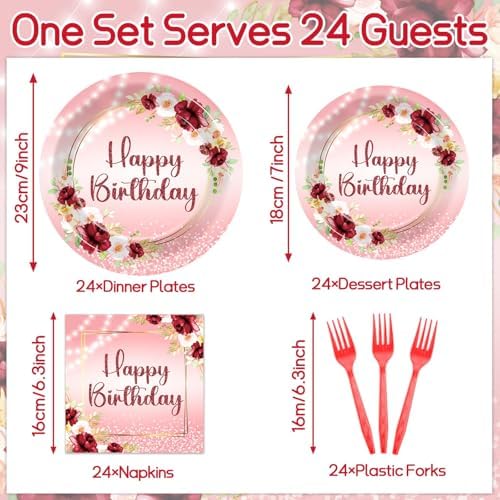 Burgundy Floral 96Pcs Birthday Party Plates Set