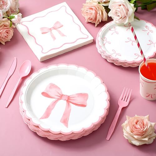 192 Pcs Pink Bow Party Tableware for 24 Guests