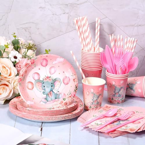 Spakon 200 Pcs Baby Shower Paper Plates Cups Napkins Set