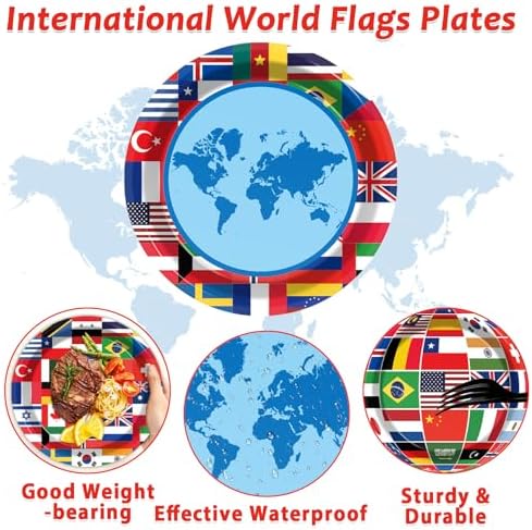 Wiooffen 80Pcs International World Flags Paper Plates Party Decor