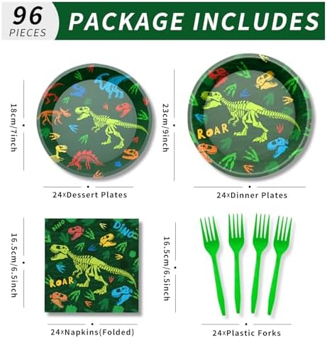 96 Pcs Dinosaur Plates Napkins Forks Party Set for 24 Guests