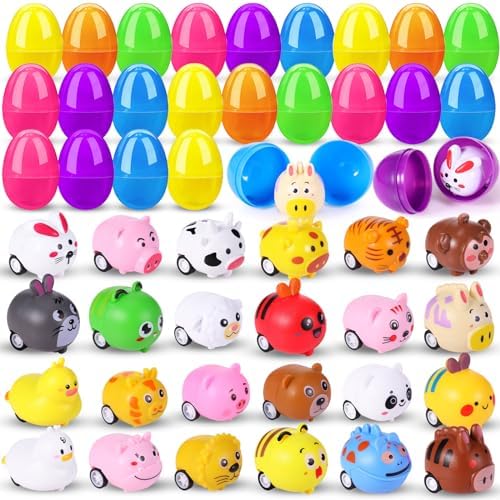 24 Set 48PCS Prefilled Easter Eggs with Mini Animal Cars