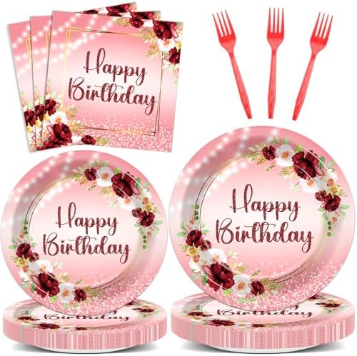 Burgundy Floral 96Pcs Birthday Party Plates Set