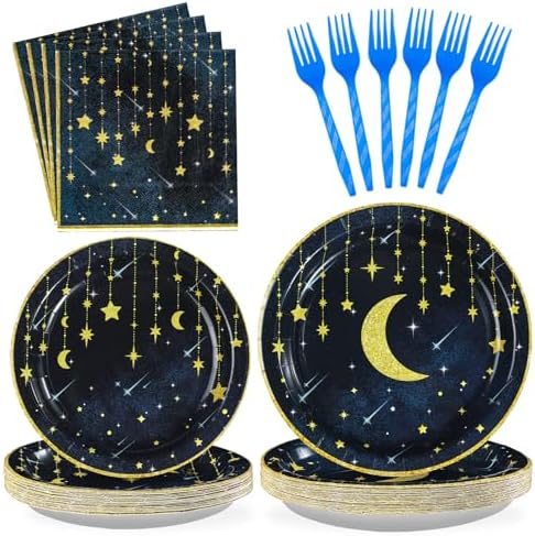 Grencian Gold Star Moon Party Plates Napkins Set for 24 Guests