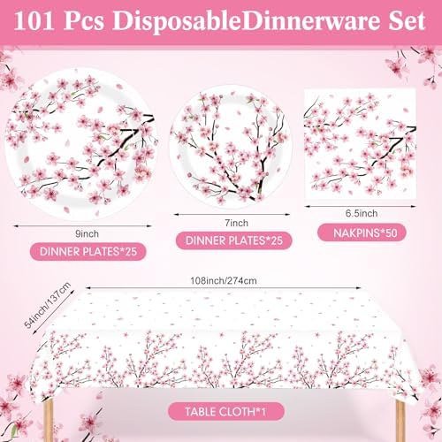 Zhehao 101 Pcs Cherry Blossom Party Tableware Set