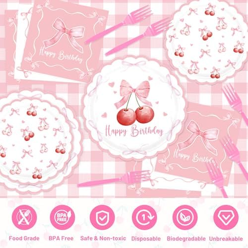 Cherry Birthday Decor Plates Bow Napkins Cups Set