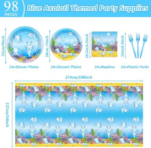 24 Guests Blue Axolotl Party Decor Plates Set