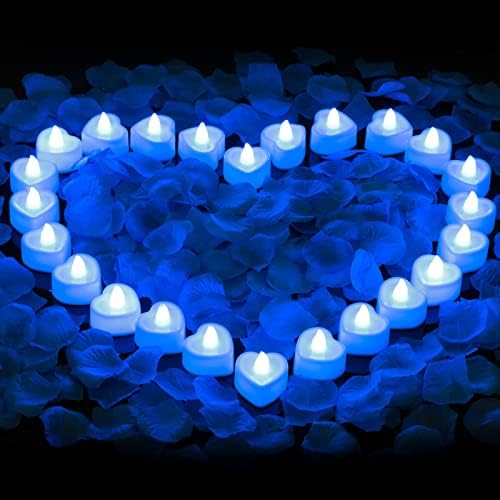 Cridoz Blue Rose Petals LED Candles Romantic Set