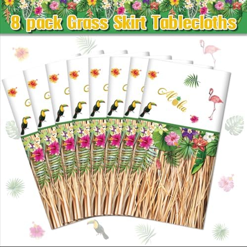 8 Pack Hawaiian Luau Grass Tablecloths for Party