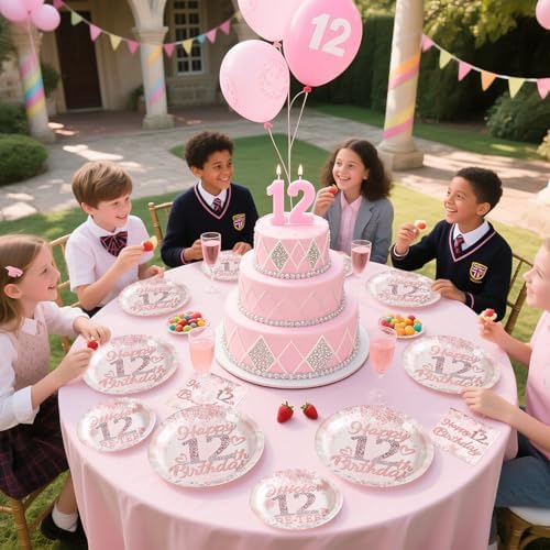 Rose Gold 12th Birthday Plates Napkins Set for Girls Party