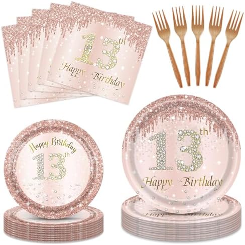 13th Birthday Rose Gold Decor Plates Napkins Forks Set