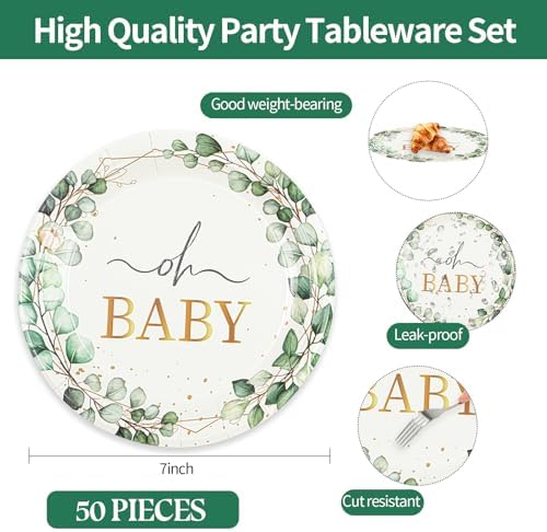 50PCS Sage Green Eucalyptus Baby Shower Plates 7Inch