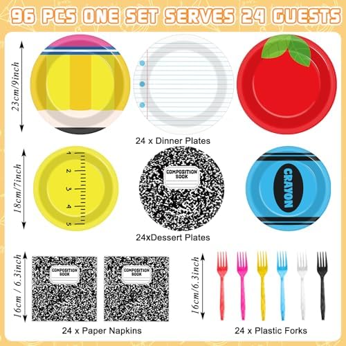 Welcome Back to School 96 PCS Paper Plates Napkins Forks Set