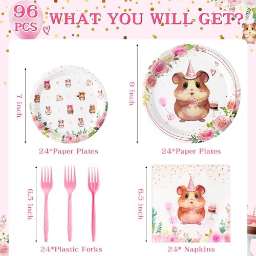 G1ngtar 96Pcs Hamster Party Plate Set for 24 Guests