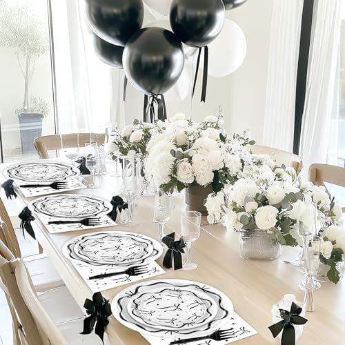 Avezano 96pcs Black Bow Plates and Napkins Set Serve 24