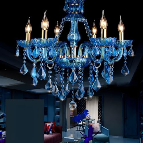RUNNUP 6-Light Blue Crystal Chandelier for Living Room Dining Room Bedroom