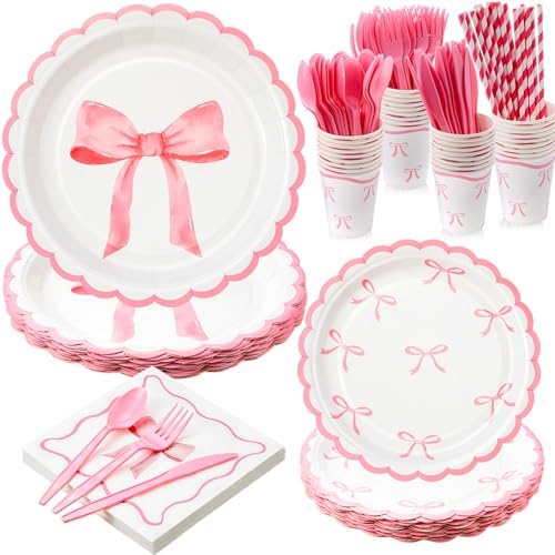 192 Pcs Pink Bow Party Tableware for 24 Guests