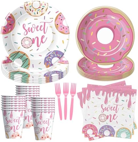 Xigejob Donut Themed Birthday Plates Napkins Set