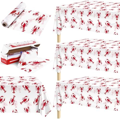 100 Ft White and Red Crawfish Tablecloth Roll with Cutter Box