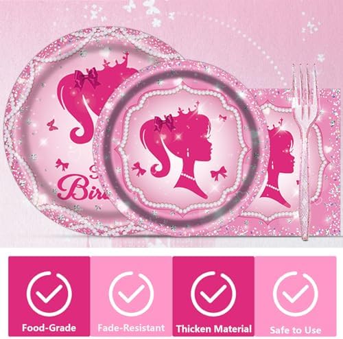 Pink Girl Party Plates and Napkins Set for 24