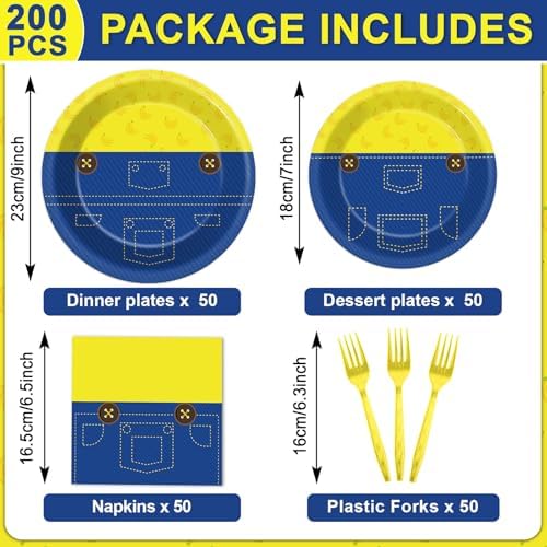 200Pcs Yellow Cartoon Party Plates Napkins Set for 50 Guests