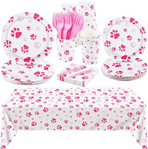 Durony 121 Piece Pink Paw Print Party Tableware Set