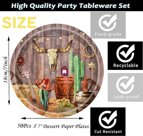 50Pcs Western Party Plates for Cowboy Theme Events