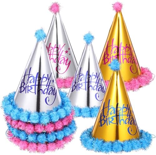 LOGOFUN 8PCS Birthday Party Hats Metallic Foil Paper Caps for Kids