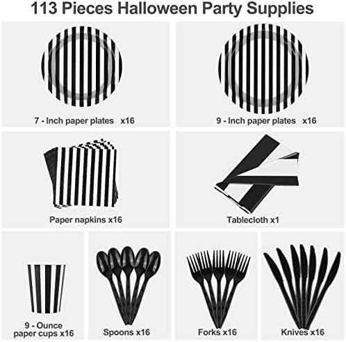 Durony 113 Piece Black and White Striped Party Set