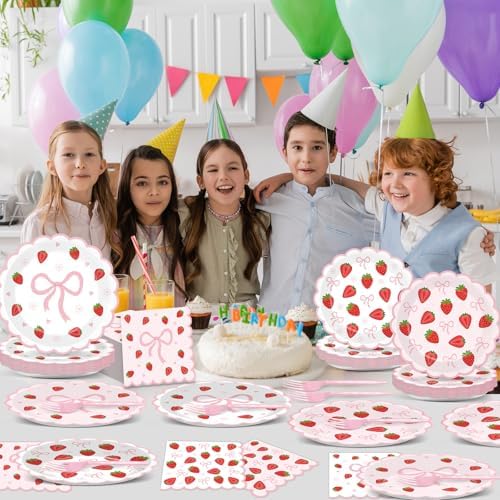 96 Pcs Strawberry Party Plates and Napkins Bow Set