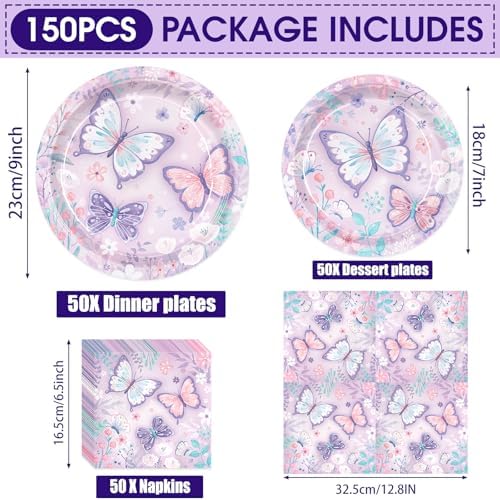 150pcs Butterfly Themed Plates Napkins Tableware Set for 50 Guests