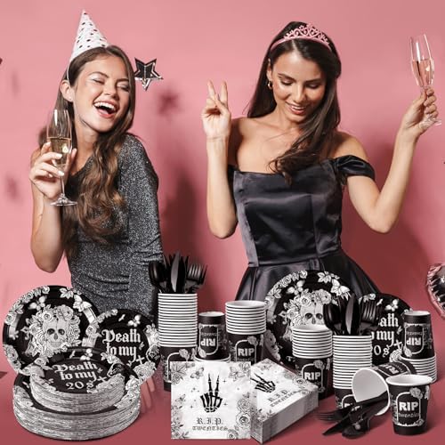 Hushee 324 Pcs Death to My 20s Black Tableware Set