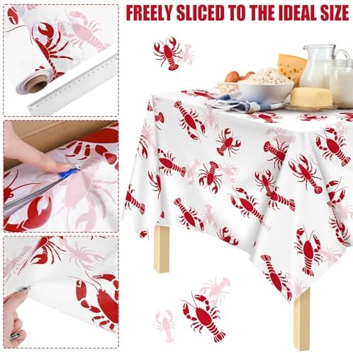 100 Ft White and Red Crawfish Tablecloth Roll with Cutter Box