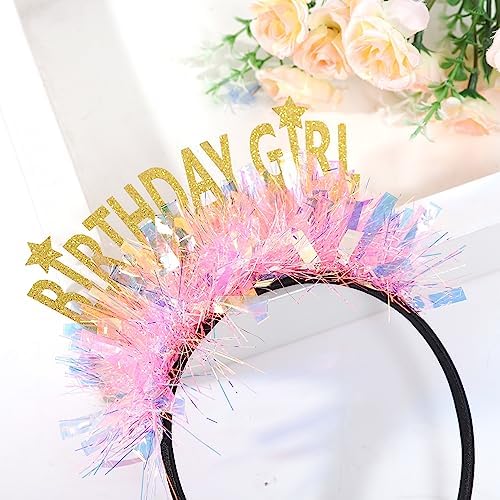 Gold Birthday Girl Headband with Stars and Pink Flowers