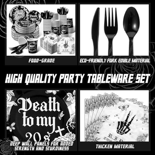 Hushee 324 Pcs Death to My 20s Black Tableware Set