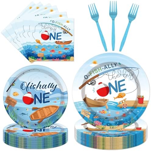 Fishing Themed 1st Birthday Tableware Set - 96PCS for 24 Guests