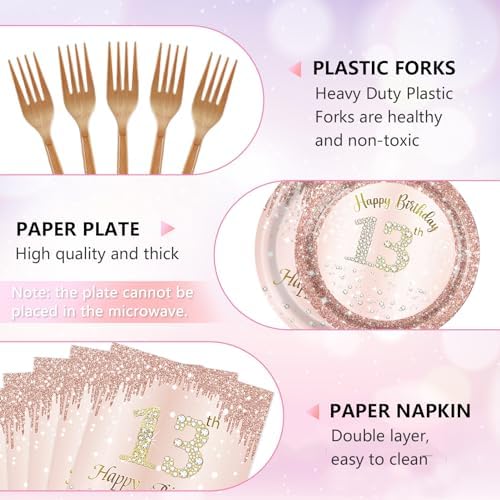 13th Birthday Rose Gold Decor Plates Napkins Forks Set