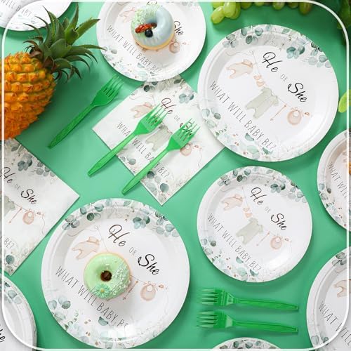 Sunnyray 96 Pcs Greenery Gender Reveal Plates Napkins Forks Set