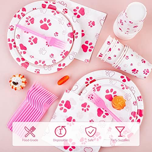 Durony 121 Piece Pink Paw Print Party Tableware Set
