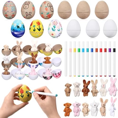 12 Pack Prefilled Paper Mache Eggs with Stuffed Animals and Painting Kit