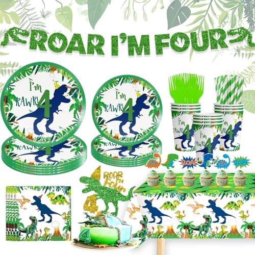Dinosaur 4th Birthday Tableware Set for 4 Year Old Boy