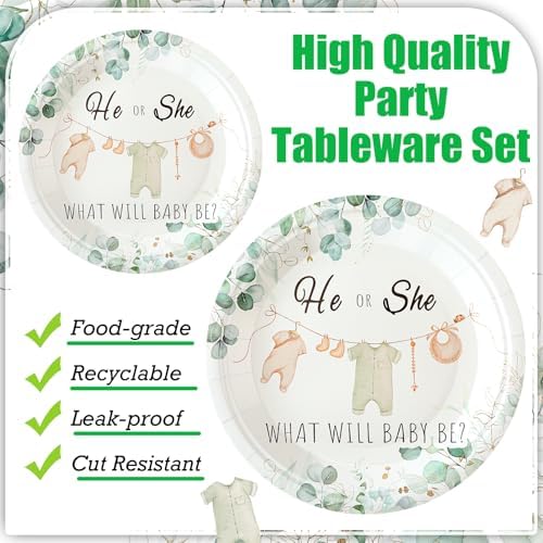 Sunnyray 96 Pcs Greenery Gender Reveal Plates Napkins Forks Set
