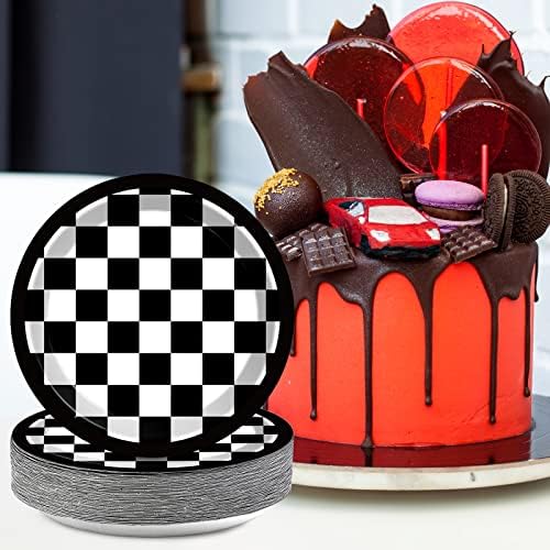 48 Pieces Checkered Flag Party Plates for Race Car Theme Celebrations