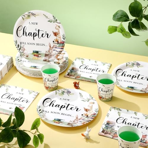 Hushee 200 Pcs Book Baby Shower Paper Plates Napkins Cups