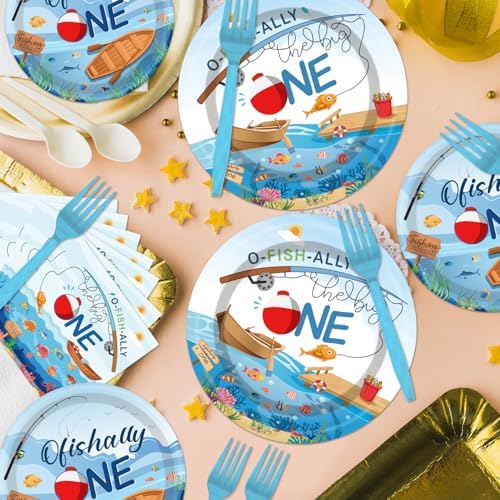 Fishing Themed 1st Birthday Tableware Set - 96PCS for 24 Guests