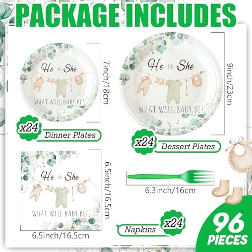 Sunnyray 96 Pcs Greenery Gender Reveal Plates Napkins Forks Set