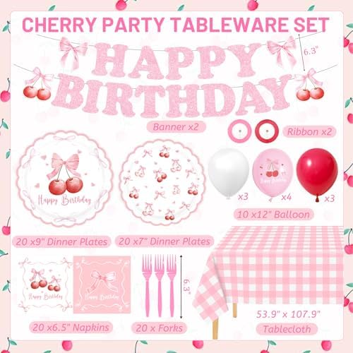 Cherry Birthday Decor Plates Bow Napkins Cups Set