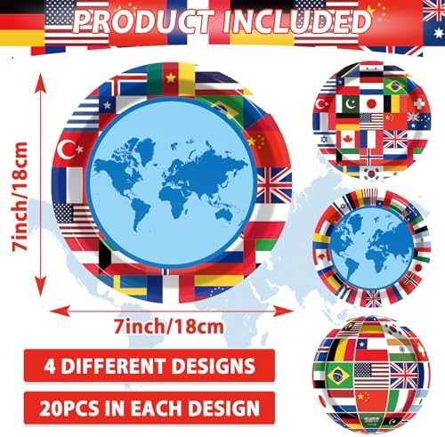 Wiooffen 80Pcs International World Flags Paper Plates Party Decor